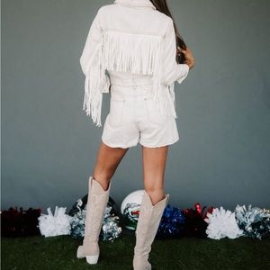 These Three fringe romper. White denim romper.